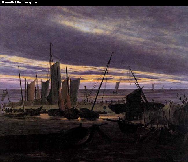 Caspar David Friedrich Boats in the Harbour at Evening